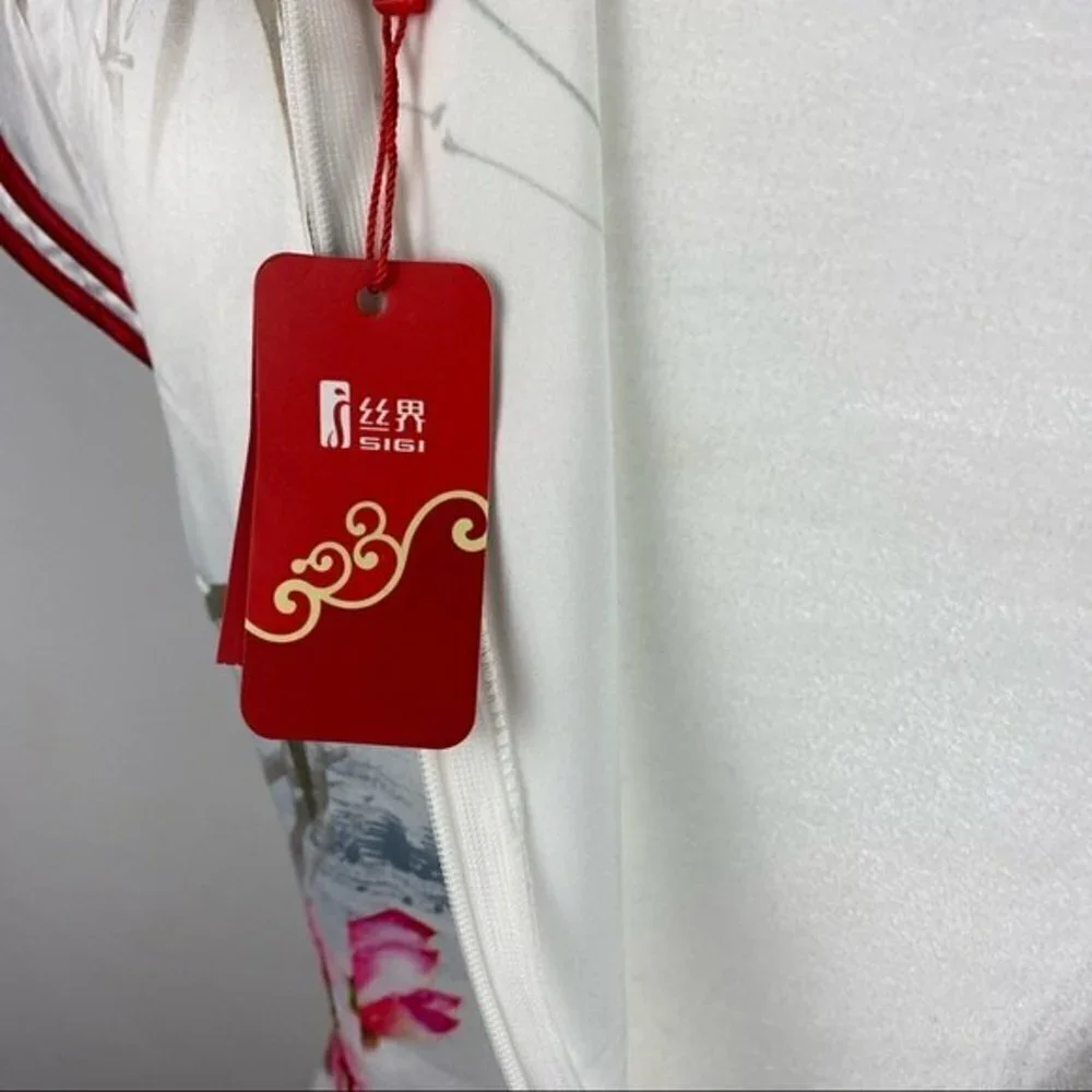 Sigi Chinese Traditional Floral Dress Womens Small White Red Slim Fit Midi Dress - Picture 5 of 6